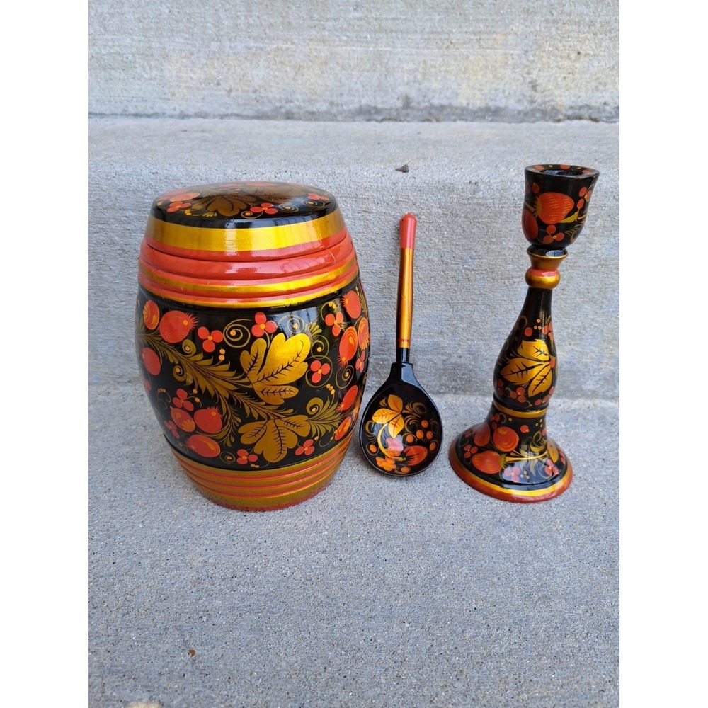 Russian Hand Painted Khokhloma Wooden Food Container Spoon Candle Holder